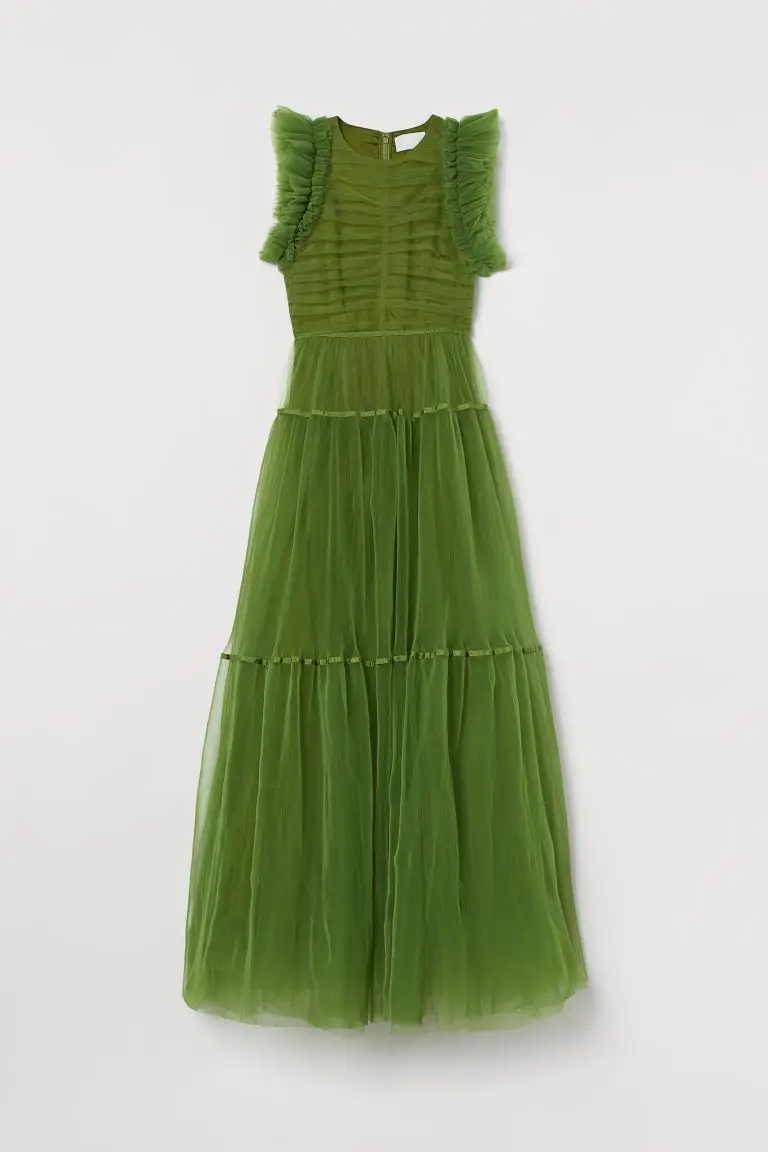 Green A-line Long Tulle Women Dresses To Event Party Ruffles Mesh Tulle Female Outfit Clothing prom dresses2024