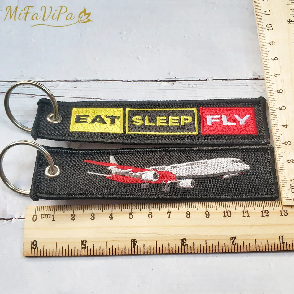 MiFaViPa 2 PCs Plane Keychain Fashion Trinket Black Embroidery Keyring Eat Sleep Fly Key Chain for Pilot Aviation Christmas Gift