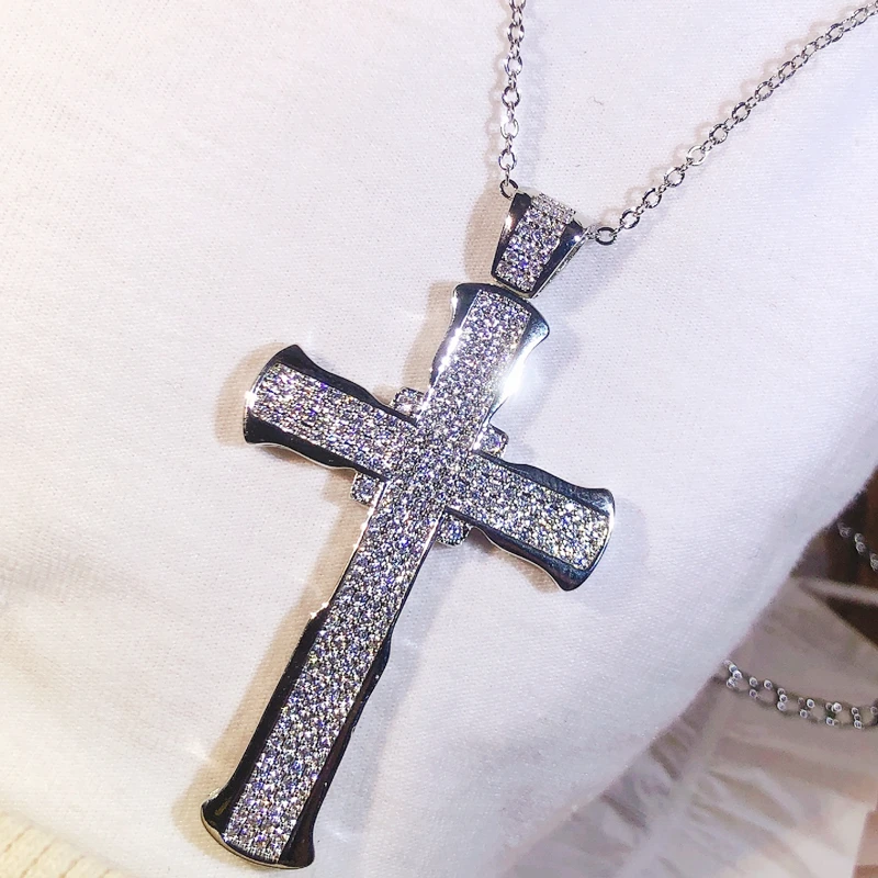 Unique Luxury Jewelry 925 Sterling Silver Cross Pendant Lucky Princess AAAAA+ Cubic Zirconia CZ Party Women Wedding Necklace