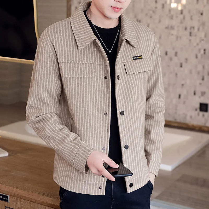 Autumn 2022 Winter New Fashion Men Thick Coat Turn-down Collar Male Striped Thick Warm Outwear Jacket Casual Loose Utwear B633