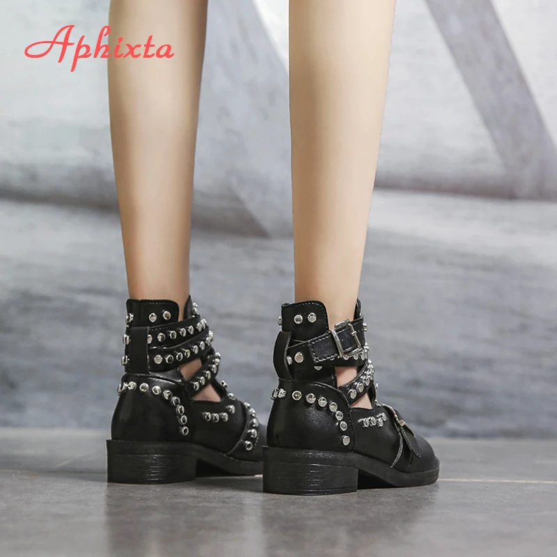 Aphixta Rivets Black Ankle Women Boots Faux Leather Booties Metal Buckle Straps Square Heel Studded Woman Boots Motorcycle Shoes