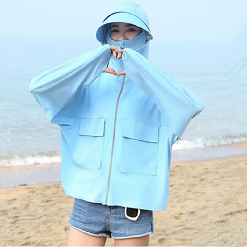 UHYTGF 2022 cloak type summer sun protection clothing Women Anti-UV breathable thin tops hooded loose big size coat women 1610