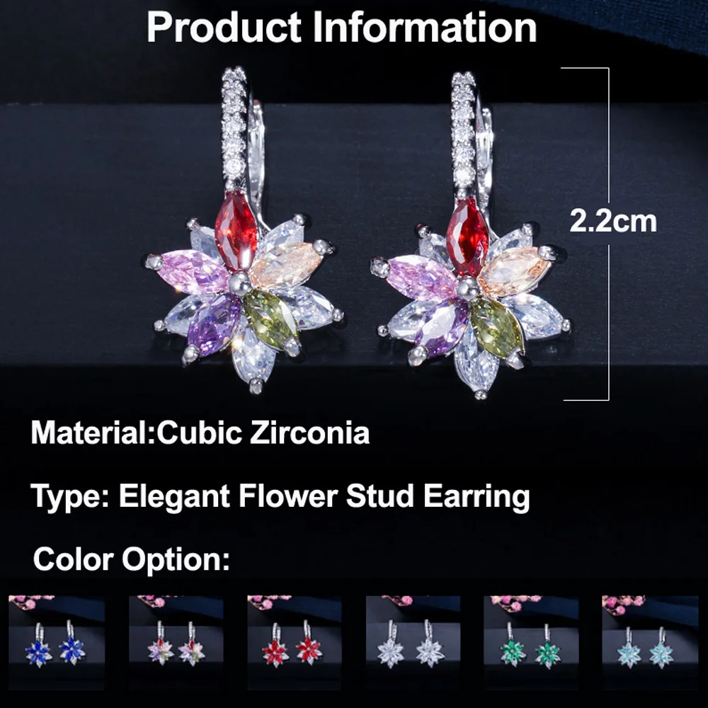 ThreeGraces Fashion Multi Green Pink Red Cubic Zircon Crystal Marquise Cut Lovely Flower Party Stud Earrings for Ladies ER311