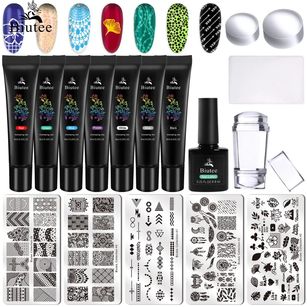 

Biutee 8/7Colors Stamping Gel Nail Kit 5PC Nail Stamping Plate Nails Stamper Kit 2021 New Printing Polish Gels Set Hot Pattern