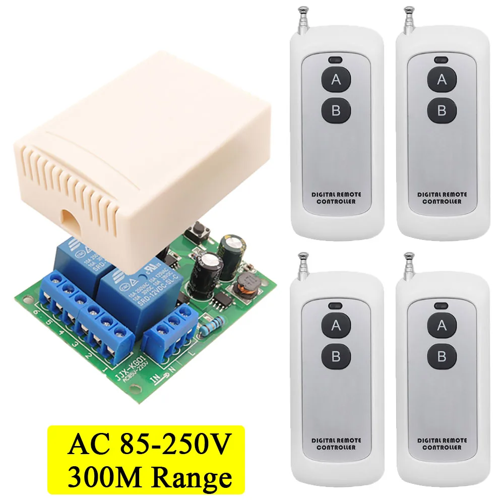 300M Rf Remote 433Mhz Universal Wireless Remote Control Switch AC 85V ~ 250V 2Ch 10A Relay Receiver Module for Garage,Gate,Motor