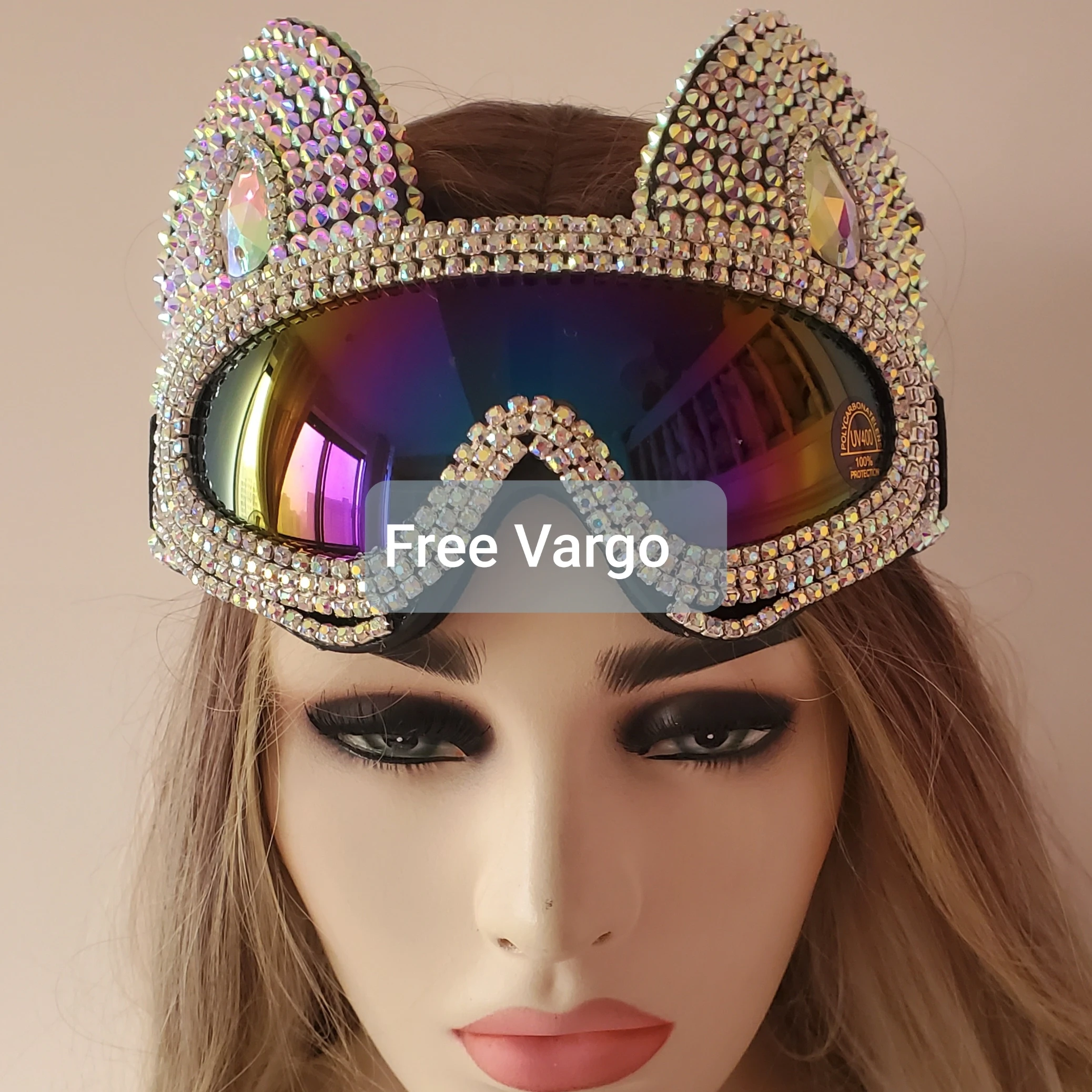 Holographic AB Rhinestone Cat Burning Man Goggle Festival Mask Costume Headpiece Cyber Goggles Stage Dj EDM EDC Rave Costume