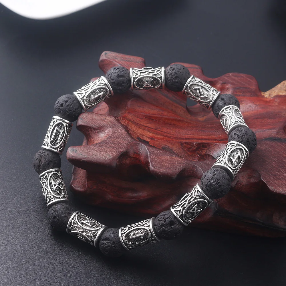 Natural Lava Stone Runes Beads Bracelets For Men Norse Viking Hammer Mjolnir Amulet Strand Bangles Lady Send Boyfriend Gift Best