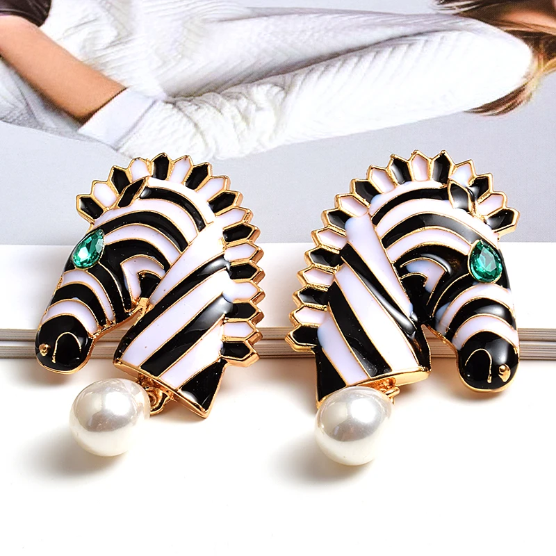 Vintage Simulated Pearl Earrings For Women Zebra Earrings Metal Dangle Drop Earrings Animal Statement Jewelry Gifts