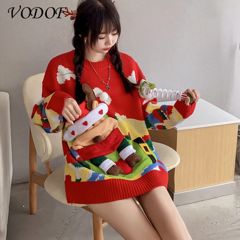 VODOF Winter Ugly Christmas Sweaters Pullover Women Jumper Oversized Knitted Lovers Red Sweater Long Sleeve O-neck Snowman Top