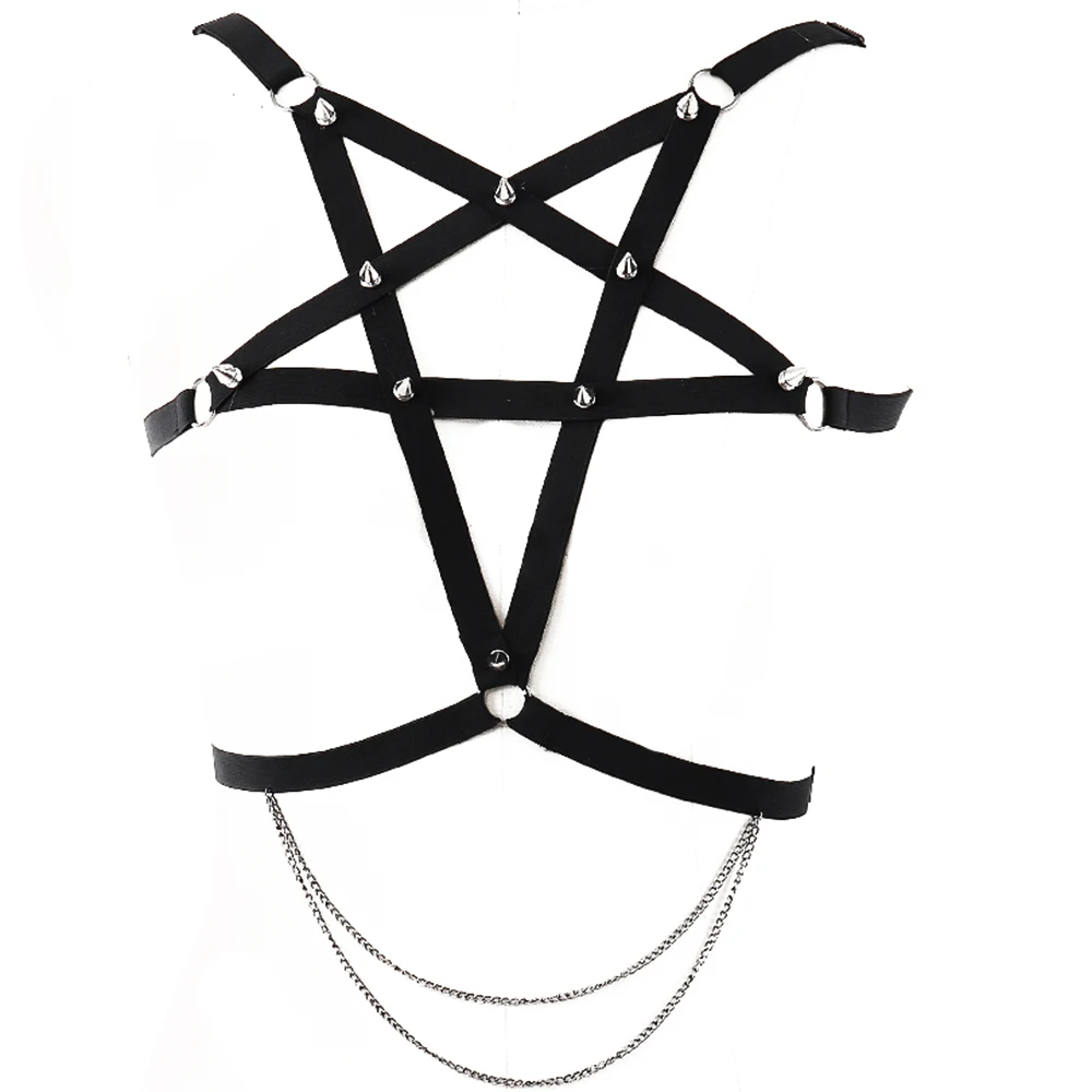 

Black Sexy Lingerie Goth Rivet Pentagrama body Harness Dance Silver Color Body Chain Crop Top Bondage Harness Bra Belt