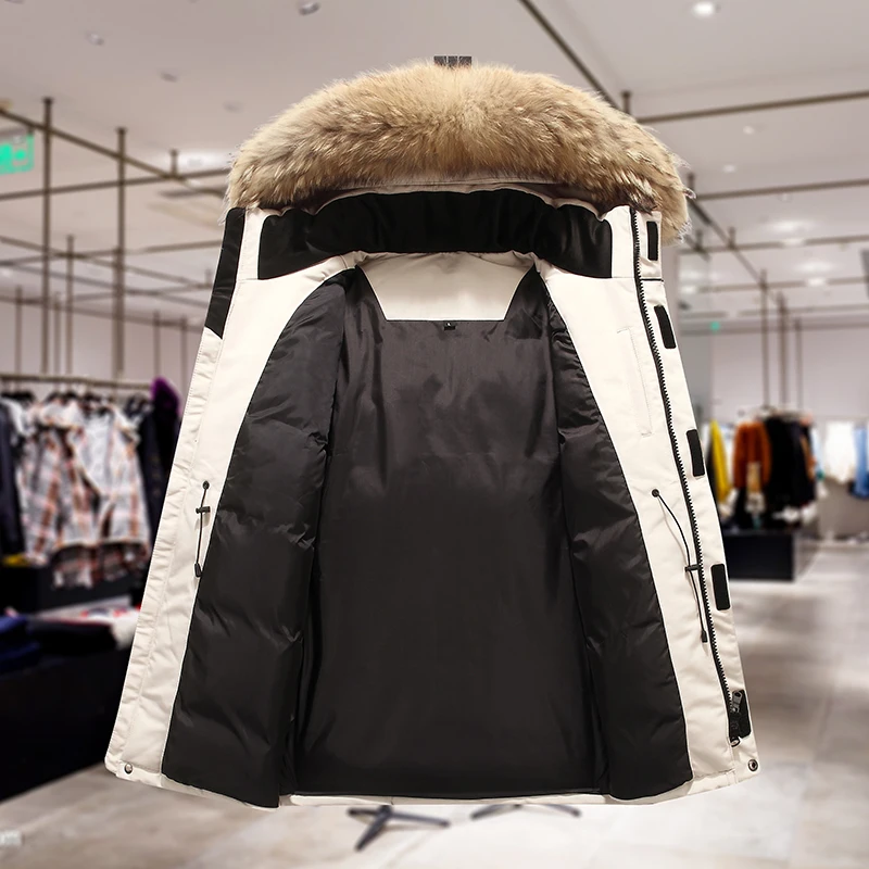 Parkas de plumón de pato blanco para hombre, chaqueta gruesa con capucha de piel, rompevientos cálido, invierno,-30 grados