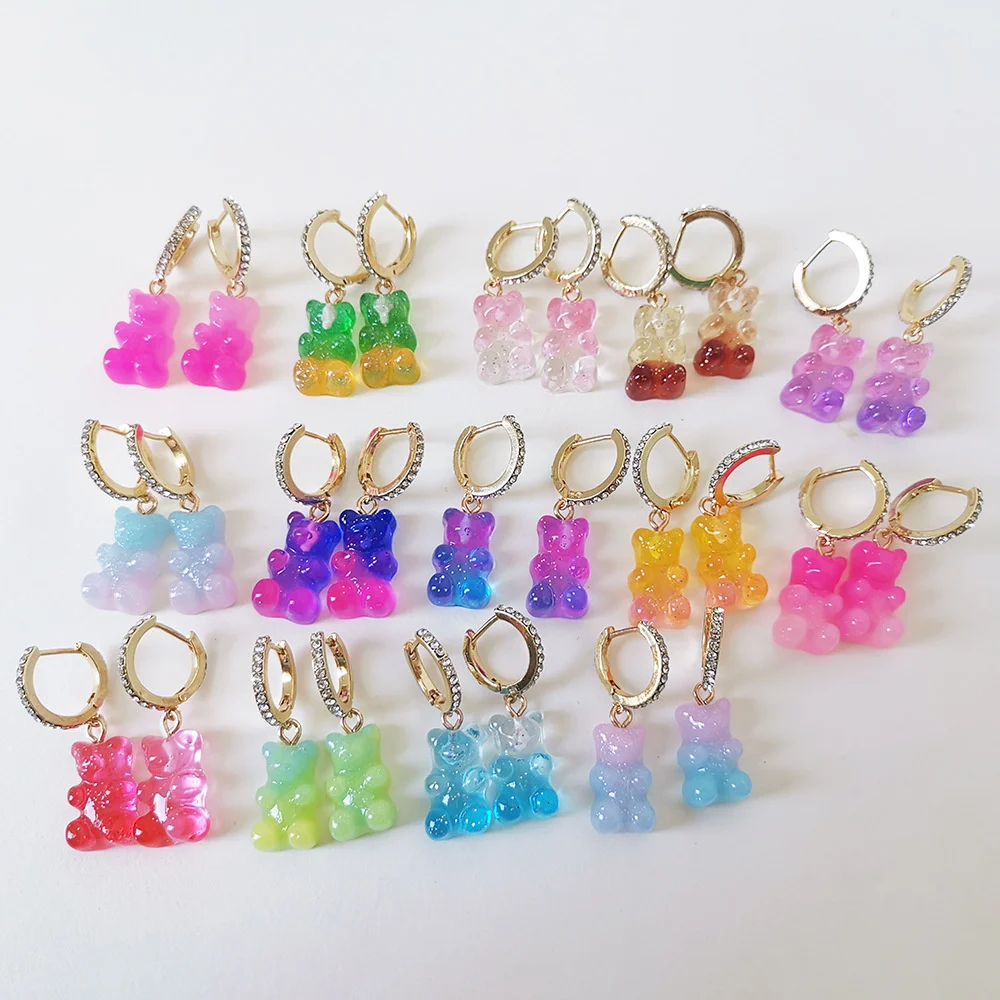 Resin Gummy Bear Hoop Earrings Animal Brincos Feminino Rainbow Color Crystal Earrings For Women Girls Christmas Gift