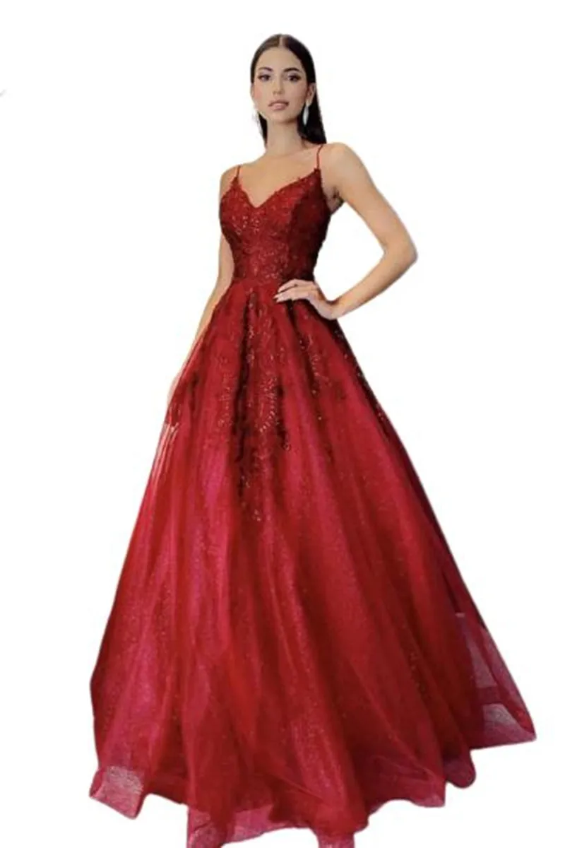 2022 Evening Party Dress Red Shiny Sequins Long Evening Dresses A Line Spaghetti V Neck Lace Backless Floor Length Prom Gowns