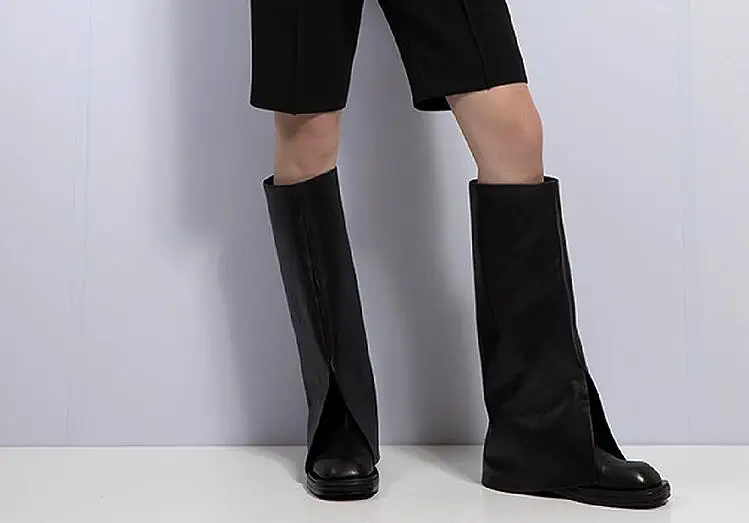 

New Black White Genuine Leather 4 CM Hidden Heels V Open Knee High Knight Boots Woman Square Toe Slip On Tube Long Pants Boots