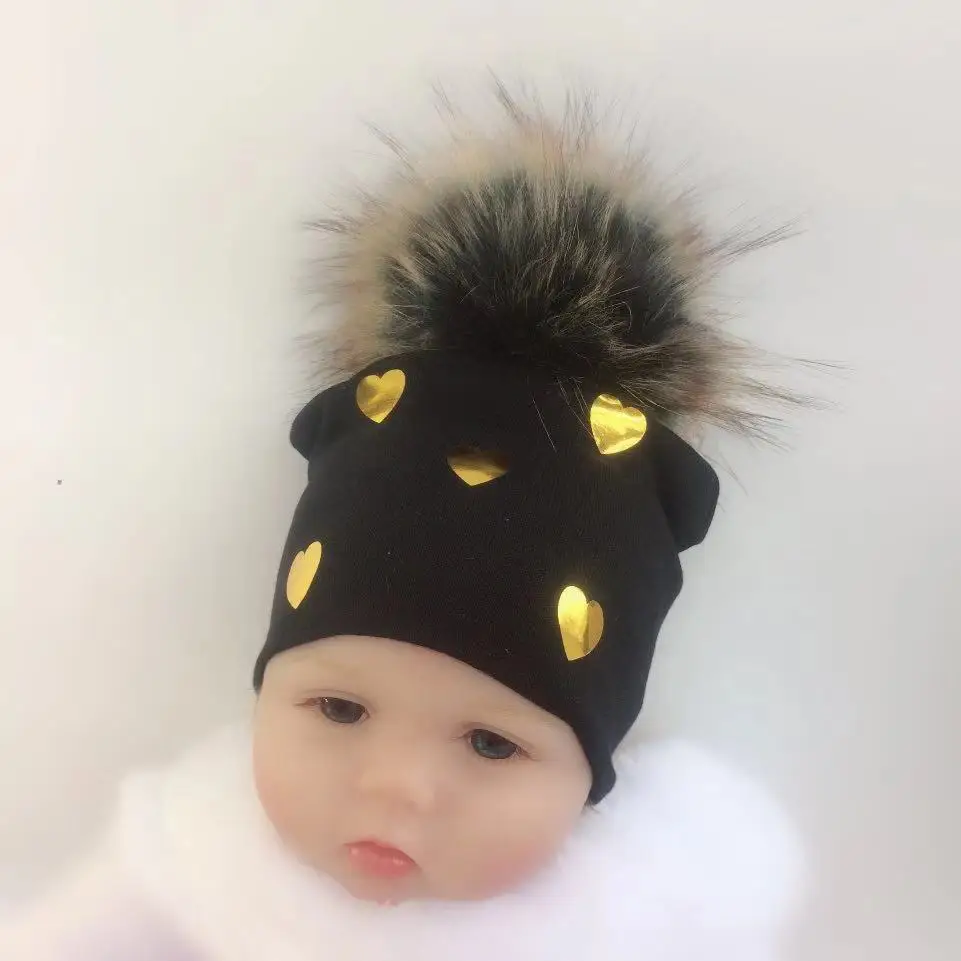 Brand Newborn Kids Baby Boys Girls Warm Winter golden sweet heart Cotton Beanie faux Fur Pom Pom Bobble Hat Cap Winter Warm Hat