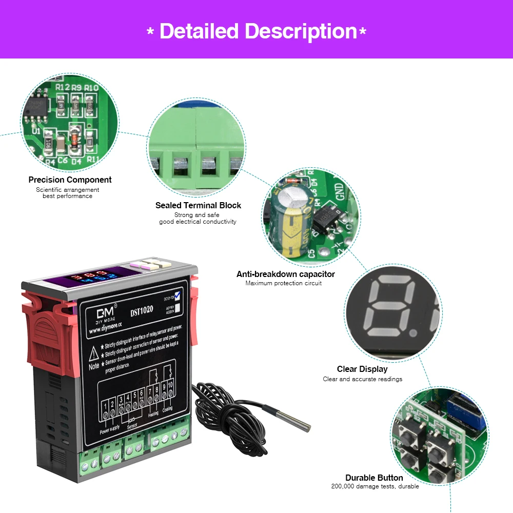 12V 24V DST1020 Dual LED Thermostat Temperature Controller Regulator High Accuracy DS18B20 Temperature Sensor Probe DC 12V-72V