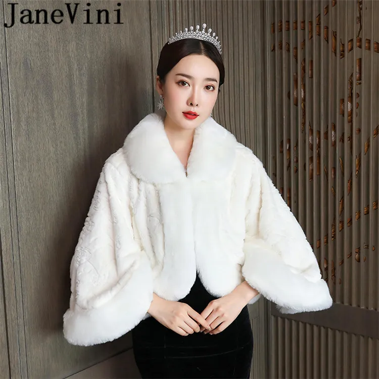 JaneVini Bride Fur Coat with Long Sleeves High Neck Faux Fur Wedding Bridal Top Wraps Capes Womens Jackets Winter Dress Boleros