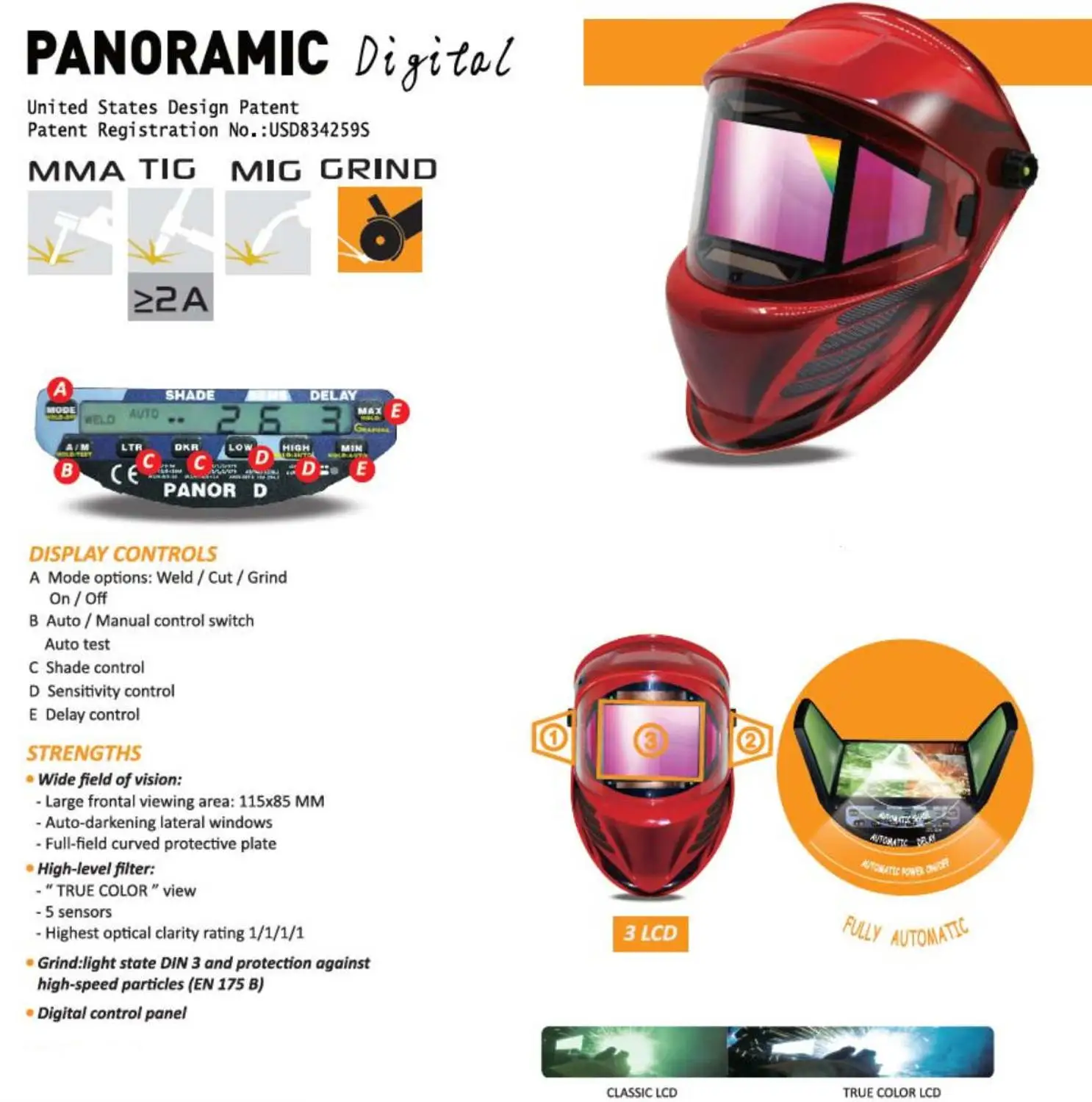 Auto Darkening Welding Mask 3 Filters View Size 115x85mm DIN 4-14 Optical 1111 5 Sensors ANSI CSA AS/NZS Welding Helmet