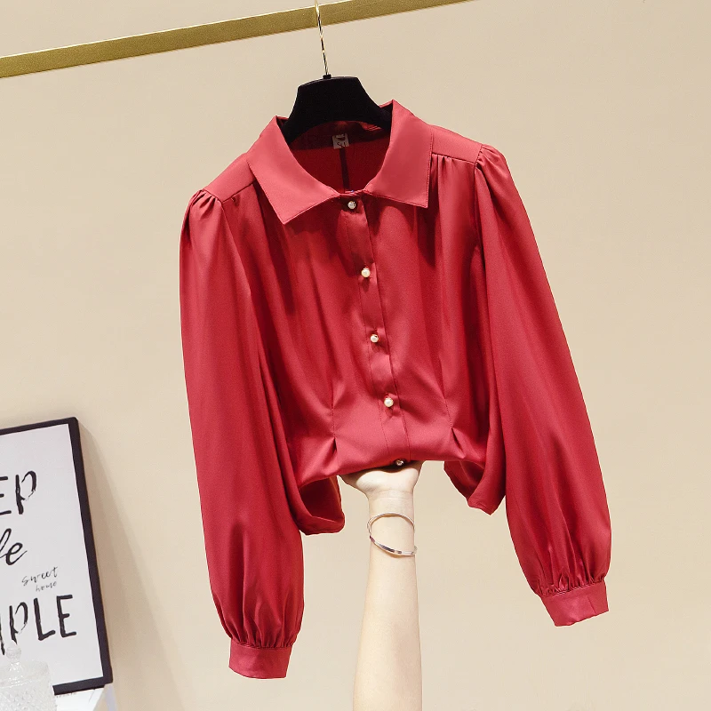 Blusas Elegantes Kaus Longgar Lengan Lentera Retro Baru Musim Semi Wanita Blus Sifon Wanita Merah Putih untuk Atasan Kemeja Wanita Kantor