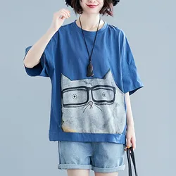 Women Cotton Casual T-shirts New Arrival 2021 Summer Korean Style O-neck Cartoon Print Loose Female Tops Tees B1149