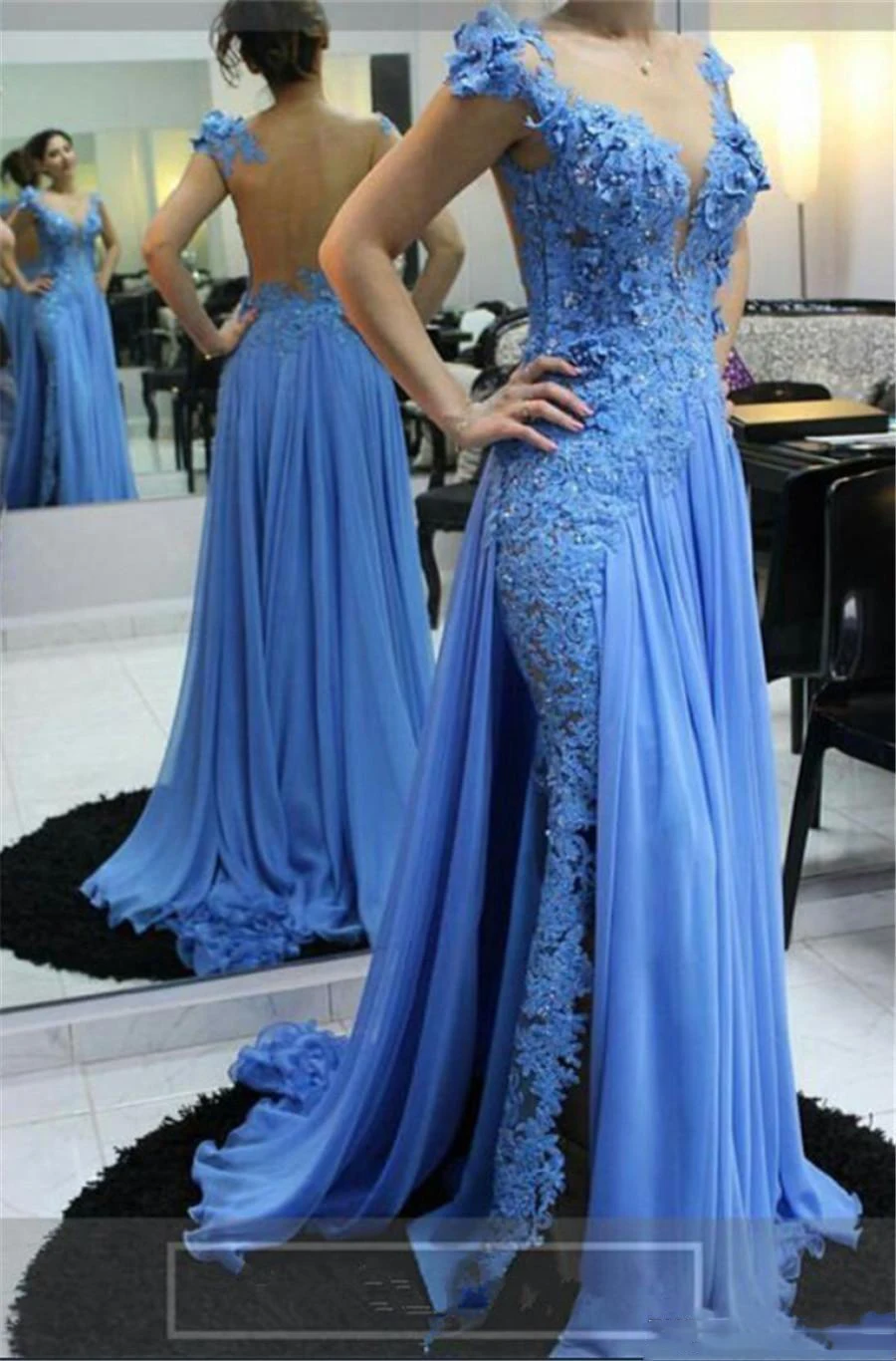 Modest Design Blue Mermaid Vestidos de noite, Sheer Jewel Neck Cap Sleeves, Lace Appliques Beads, Formal Party Prom Gowns