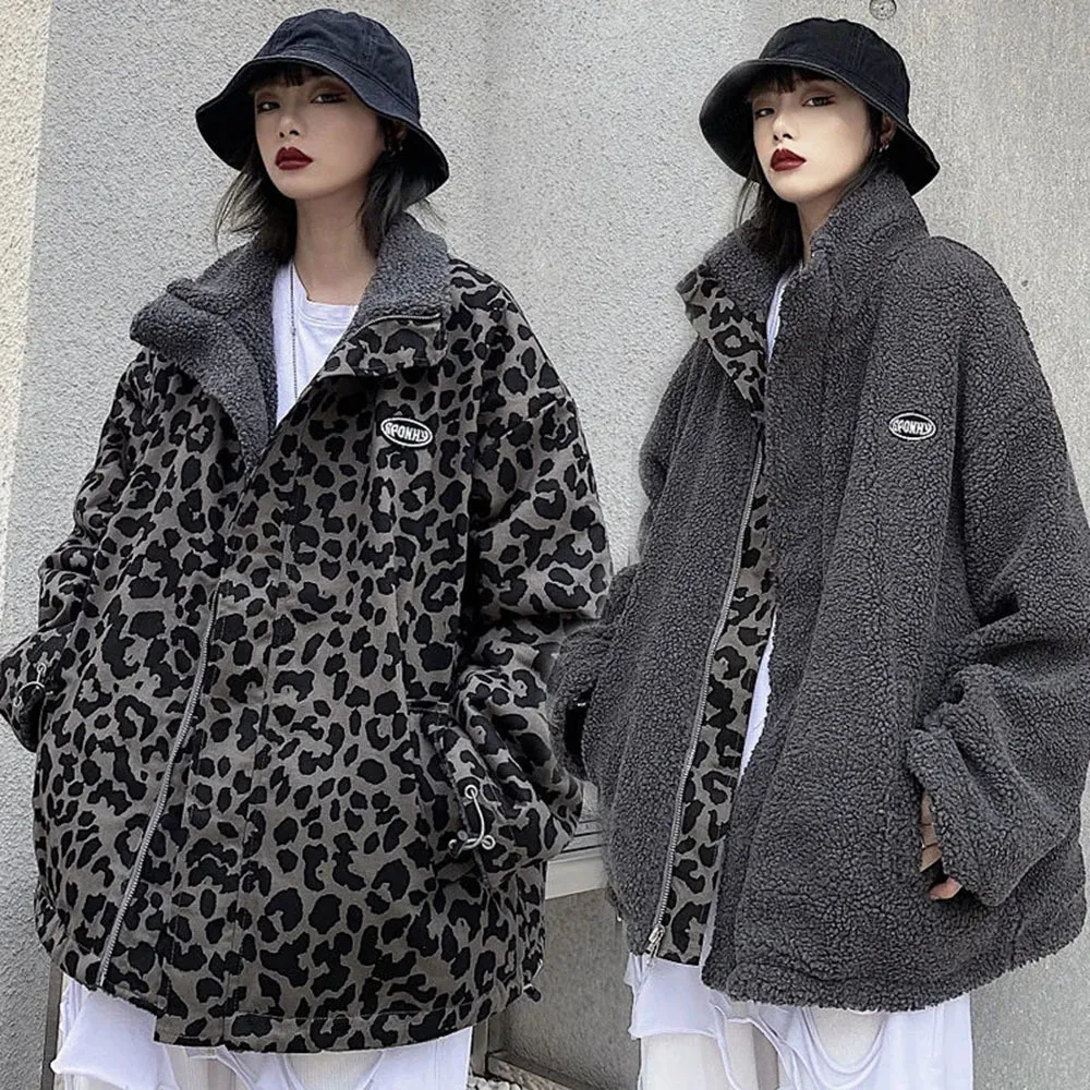 Leopard Print Women Faux Lamb Fur Japanese Style Kawaii Coat Teddy Fur Coat Parka Cropped Stripe Fleece Jacket Motorcycle Jacket