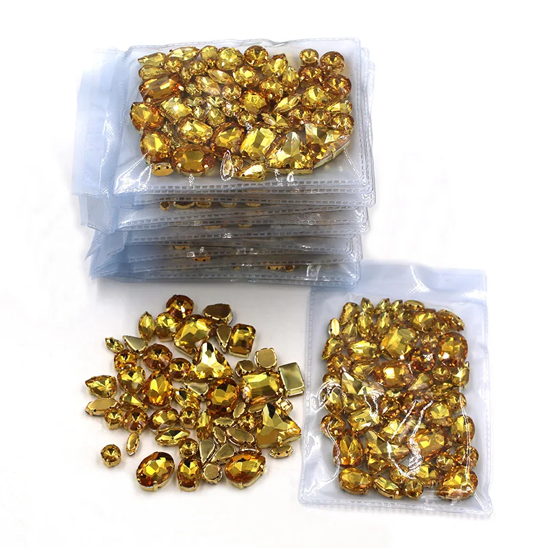 Hot sale Wholesale 5 bags mixed shape sew on glass Golden yellow gold base  rhinestones diy dress/Clothing accessories