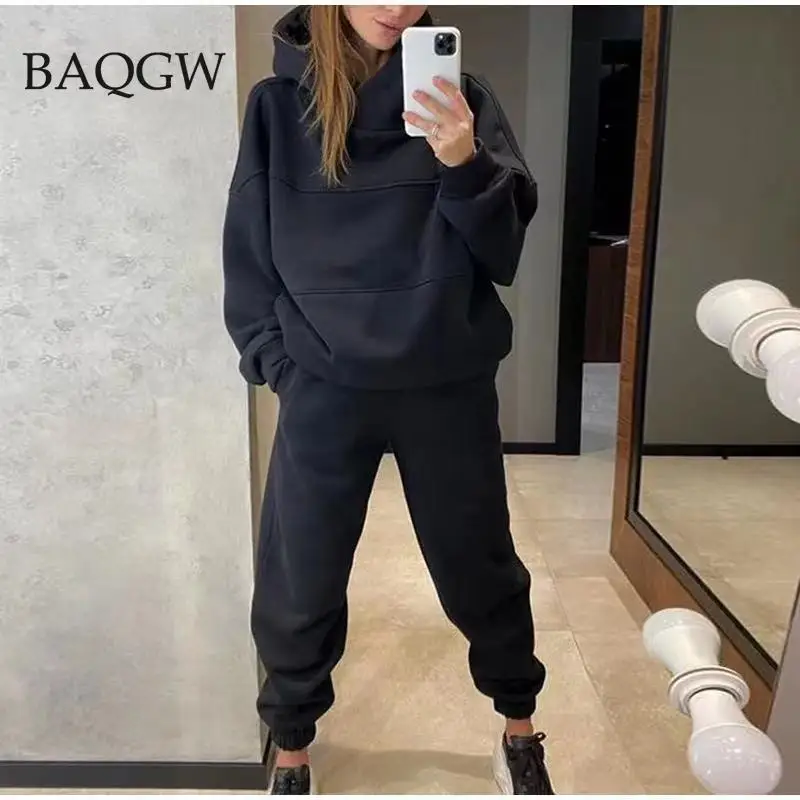 Solid Womens Oversized Tracksuit Warm Fleece Suits Hoodies Tops Casual Sweatshirts Jogging Pant Two Piece Outfits Sweatpants