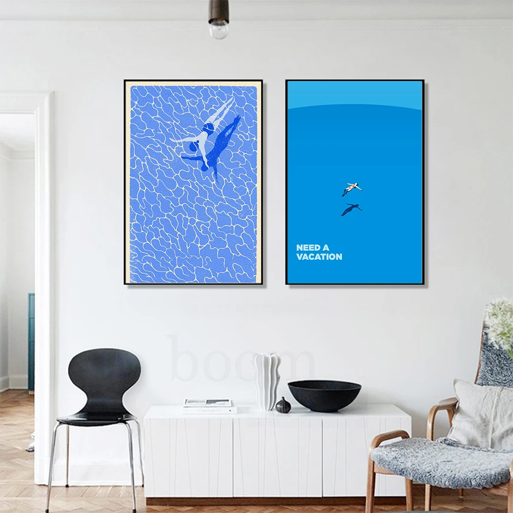 Imagen artística de pared abstracta nórdica, impresiones de un nadador, nadar en una piscina, pintura en lienzo, carteles de lino para decoración del hogar y la sala de estar