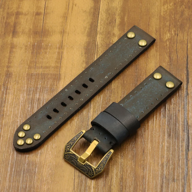 Onthelevel Retro Watch Bracelet 20 22mm Watch Band Black Blue 18 24mm Watchbands Replacement Belt With Rivets Carving Buckle #D