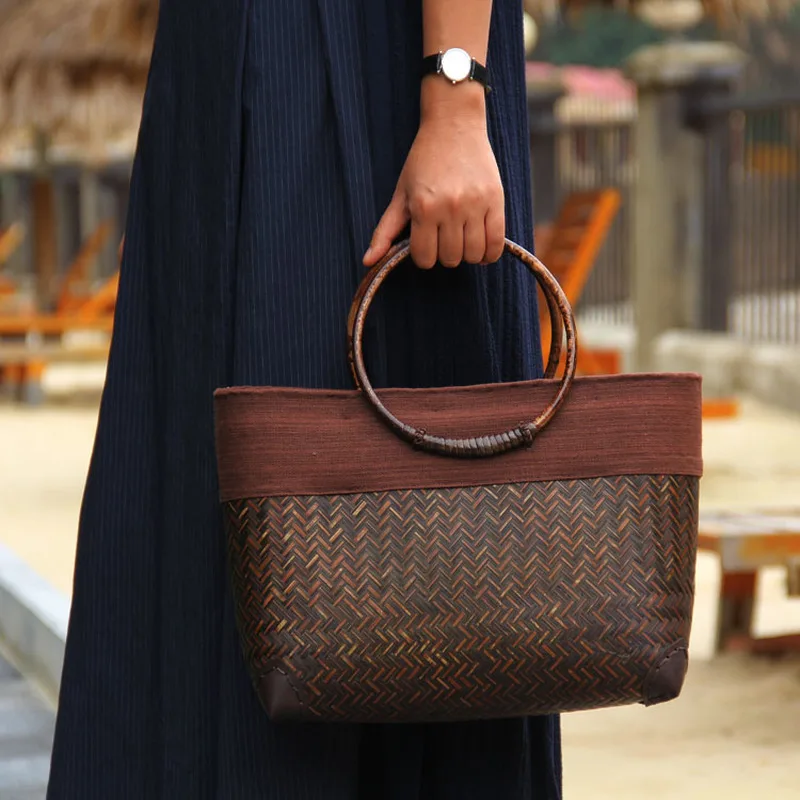 

Handmade Retro bamboo rattan fashion ladies handbag old straw bag rattan weave wooden handle retro handbag woven bags for women