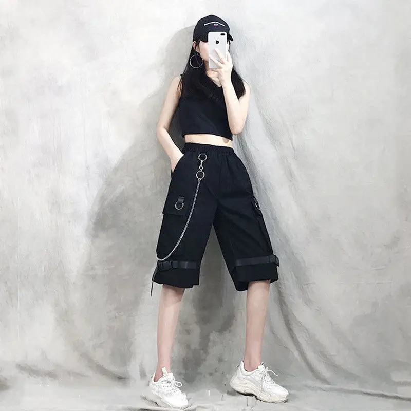 Verão mulher carga shorts coreano ins hip hop calções casuais estudantes solto baggy tubo reto shorts para mulher neutro preto