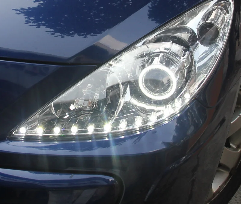 

eOsuns HID LED headlight assembly angel eye daytime running light with turn signal for peugeot 307