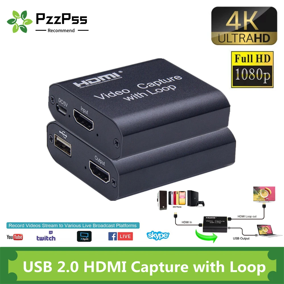 Pzzpss 1080p 4k hdmi placa de captura de vídeo hdmi para usb 2.0 captura de vídeo placa de jogo registro streaming ao vivo transmissão tv loop local