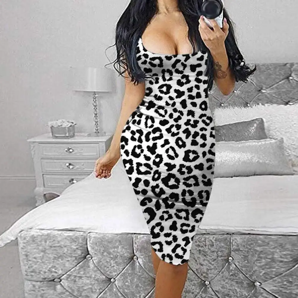 Sexy Women Summer Elastic Vintage Tight Dress Shoulder Straps Leopard Camouflage Low Cut Sleeveless Bodycon Party Formal Dresses