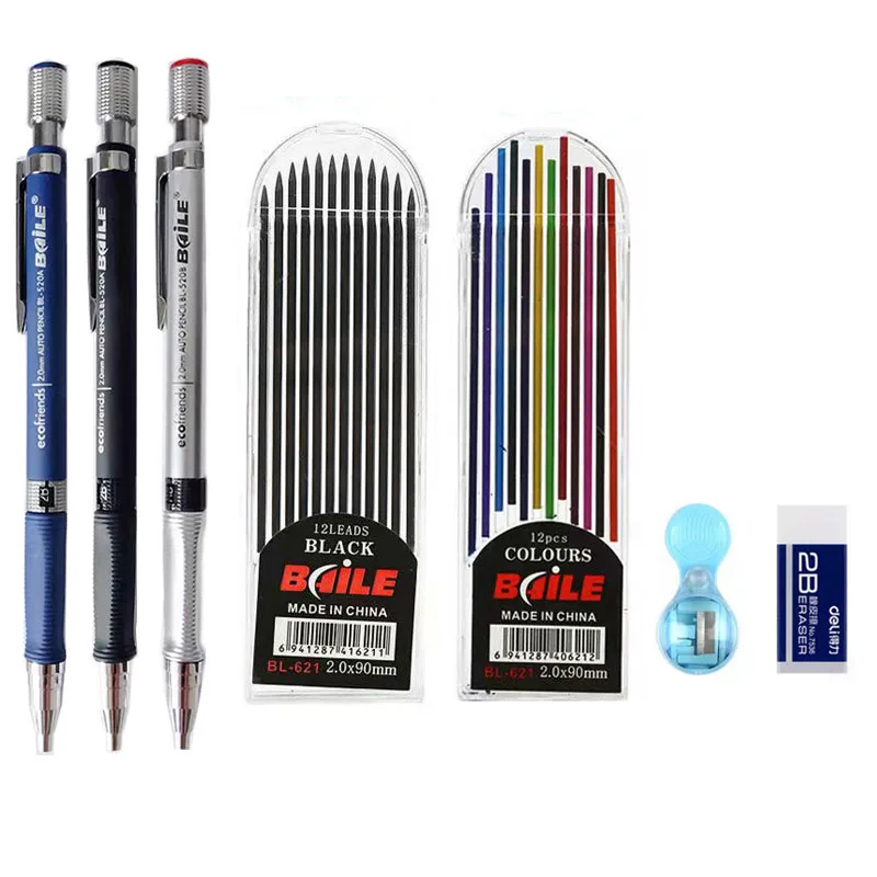 2.0mm Mechanical Pencil Set 2B Automatic Pencils With Color/Black Lead Refills Draft Drawing Writing Crafting Art Sketch