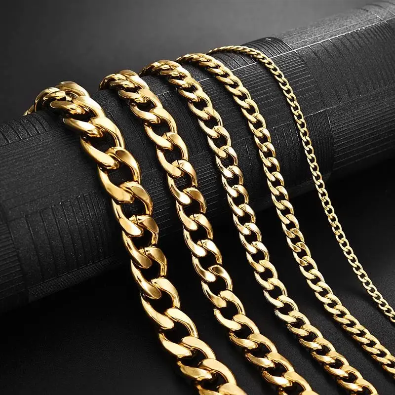 Gold Color Solid Chain Necklace Stainless Steel Link Choker For Men Female Charm Simple Collares Jewelry Accessories 50/55/60 Cm