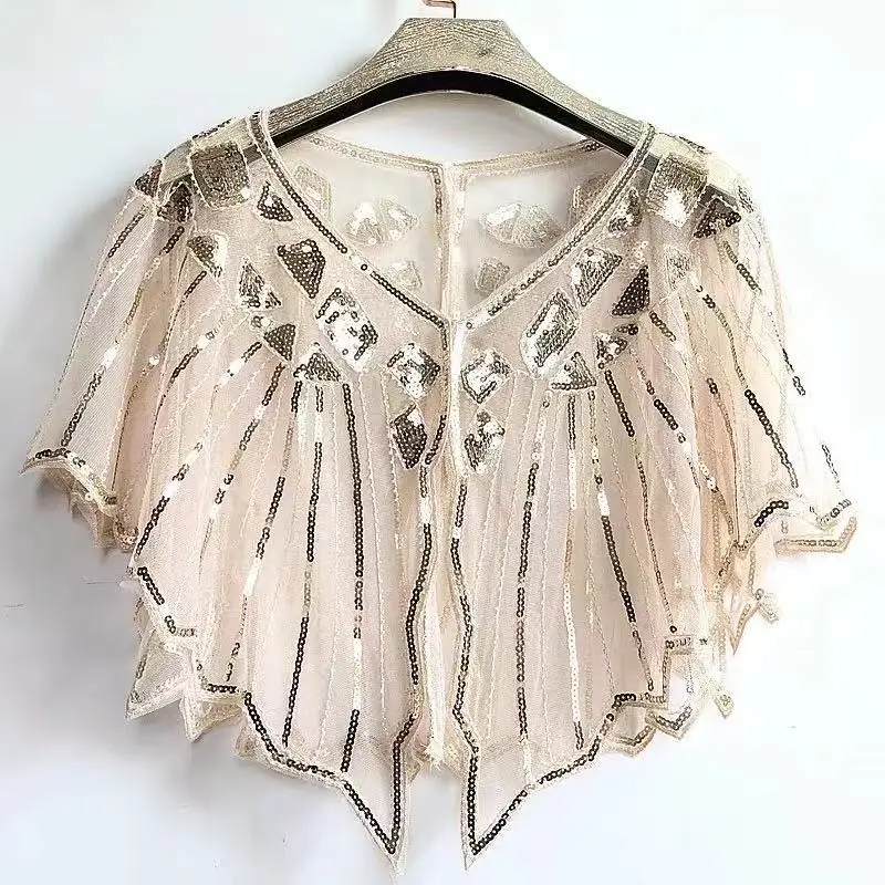 Retro 1920s Beaded Sequin Shawl Vintage Flapper Evening Cape Sheer Mesh Embroidery Vertical Bar Women Bolero Party Accessories