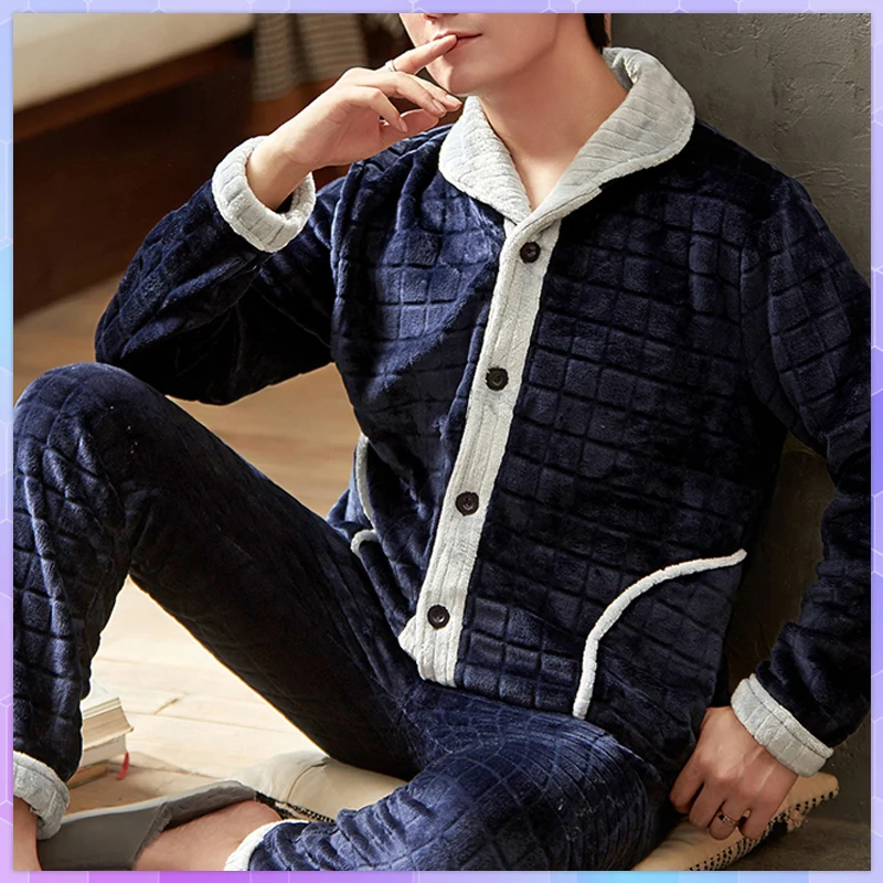 

Winter Long Sleeve Thick Flannel Warm Pajama Sets for Men Coral Velvet Sleepwear Suit Pyjamas Lounge Homewear Home Clothes