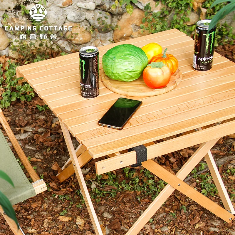 Outdoor Folding Egg Roll Table Portable Foldable Adjustable Height Camping Picnic Wood Desk for Hiking Self-driving Tour Table