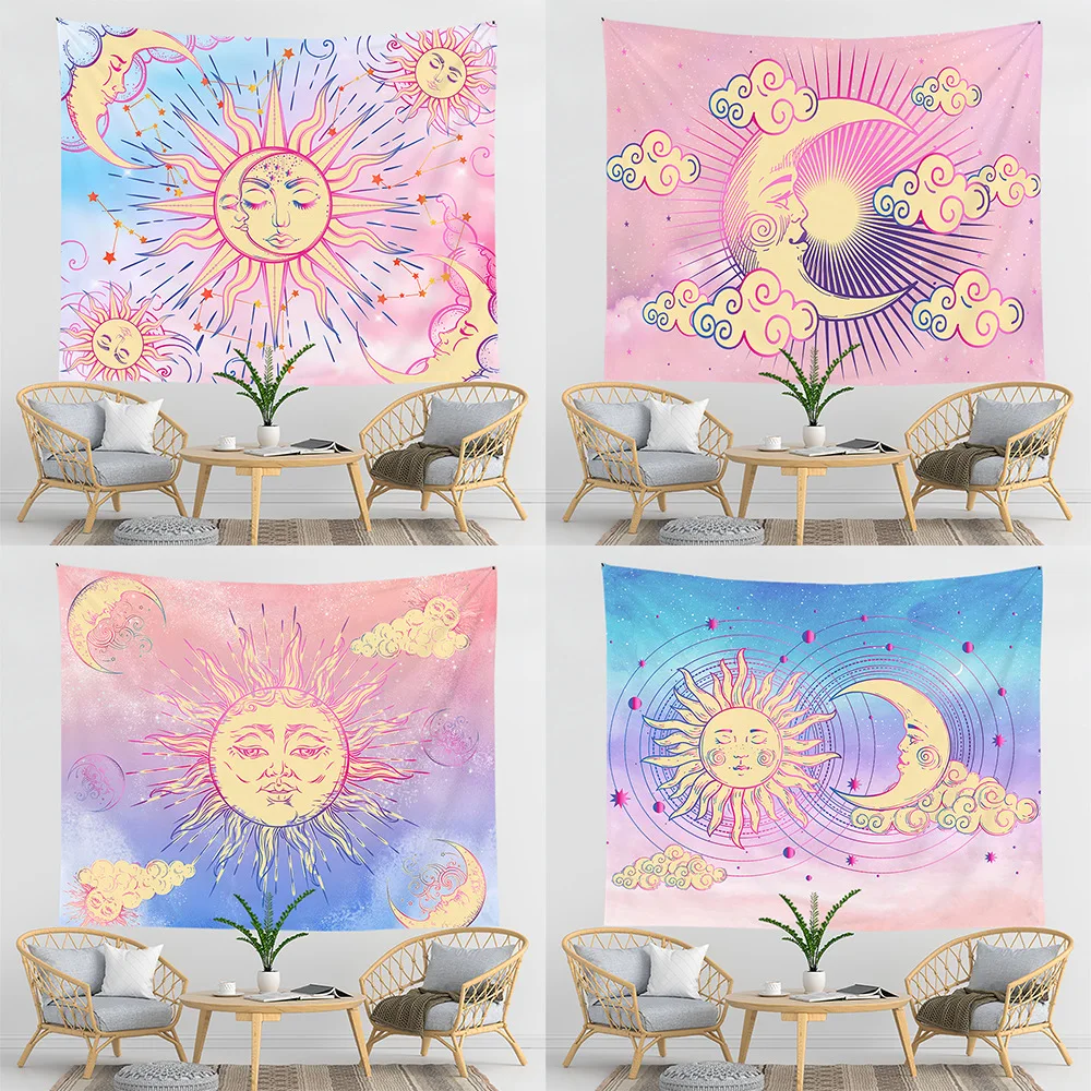 Pastel Pink Burning Sun Tapestry Mystic Celestial Sun Moon With Stars Wall Hanging Tapestry Psychedelic Wall Cloth Home Decor