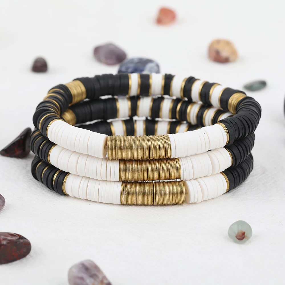 

5Pcs Black White Color Polymer Clay Disc Heishi Beads 8mm Gold Copper Sheets Elastic String Bracelet Fashion Women Boho Jewelry