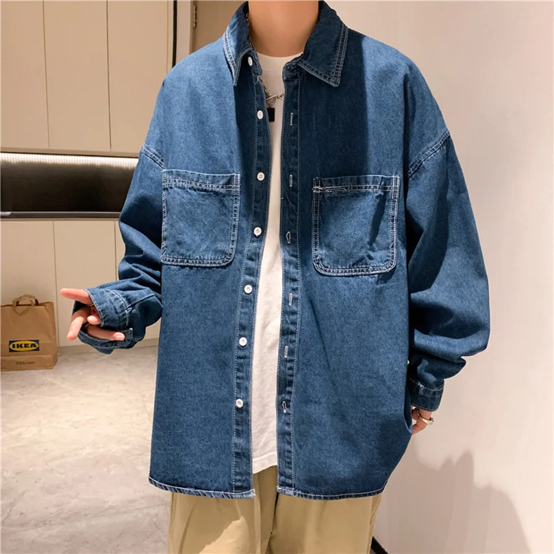 Denim Shirt Male Korean Style Trendy Oversize Shirt Jacket Varsity Spring Autumn Men\'s Blouses And Shirts Women Men\'s Clothing