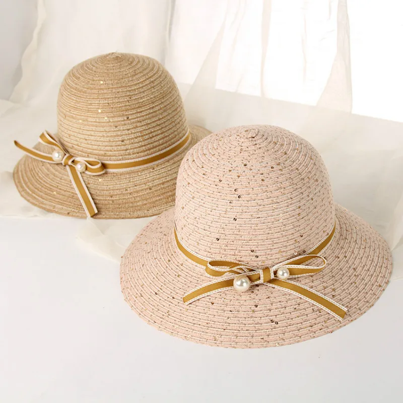 H7460 New Straw Sun Hat Women Korean Bowknot Sequined Sunscreen Cotton Yarn Cap Summer Leisure Sunshade Elegant Female Cool Hats