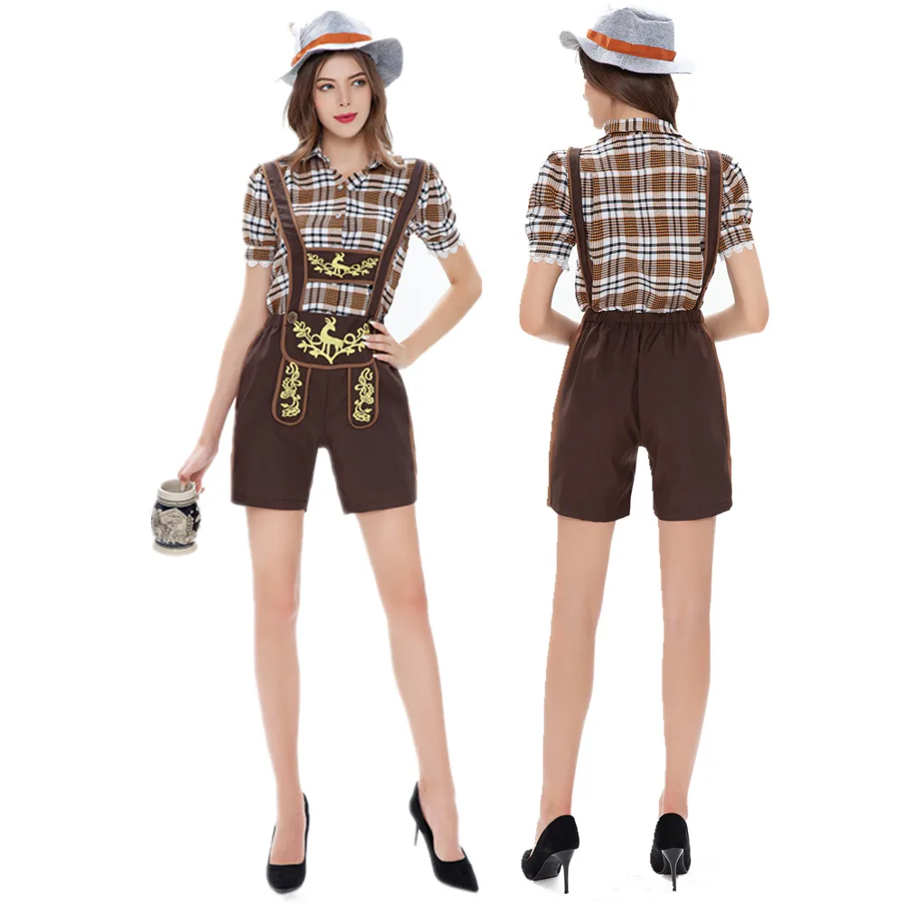 

Women German Oktoberfest Costume Bavarian Traditional Beer Girl Shirt Suspender Shorts Hat Halloween Cosplay Fancy Party Outfit