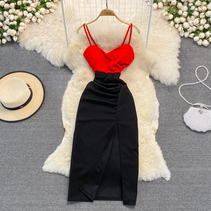 Summer Fashion Black Patchwork High Waist Strapless Long Dress Women Sexy Bodycon Split Hip Wrap Slip Dress Party Evening