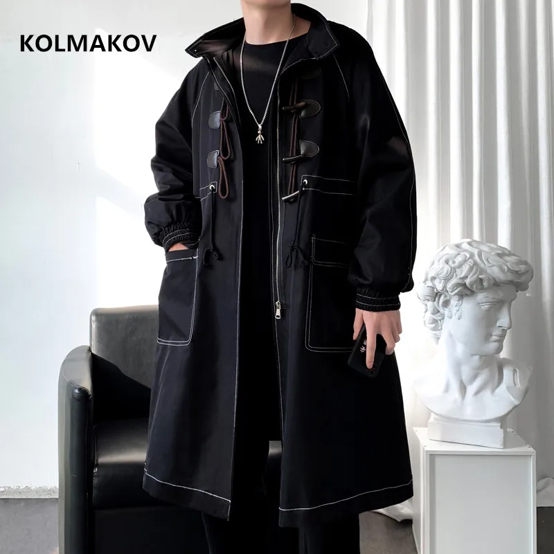 

Long style coat Men 2022 spring men horn button male Trench Coat Men's Casual Windbreakers Male High Quality Jackets men M-3XL