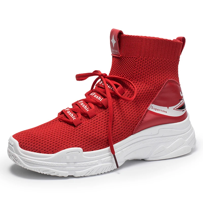 New High Top Shark Sneakers Men\'s Shoes Red Knit Upper Breathable Sneakers Unisex Running Shoes Women Platform Footwear