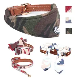 Camuflagem personalizada Dog Collar Leash, gato pequeno Bandana, laço, couro Collier Chain, bonito para cães grandes, Teddy, Chihuahua