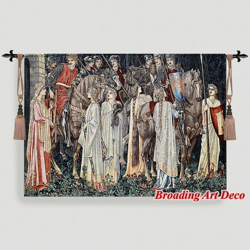 

The Arming and Departure of the Knights Medieval Tapestry Wall Hanging William Morris Holy Grail Tapestries Jacquard 140x98cm